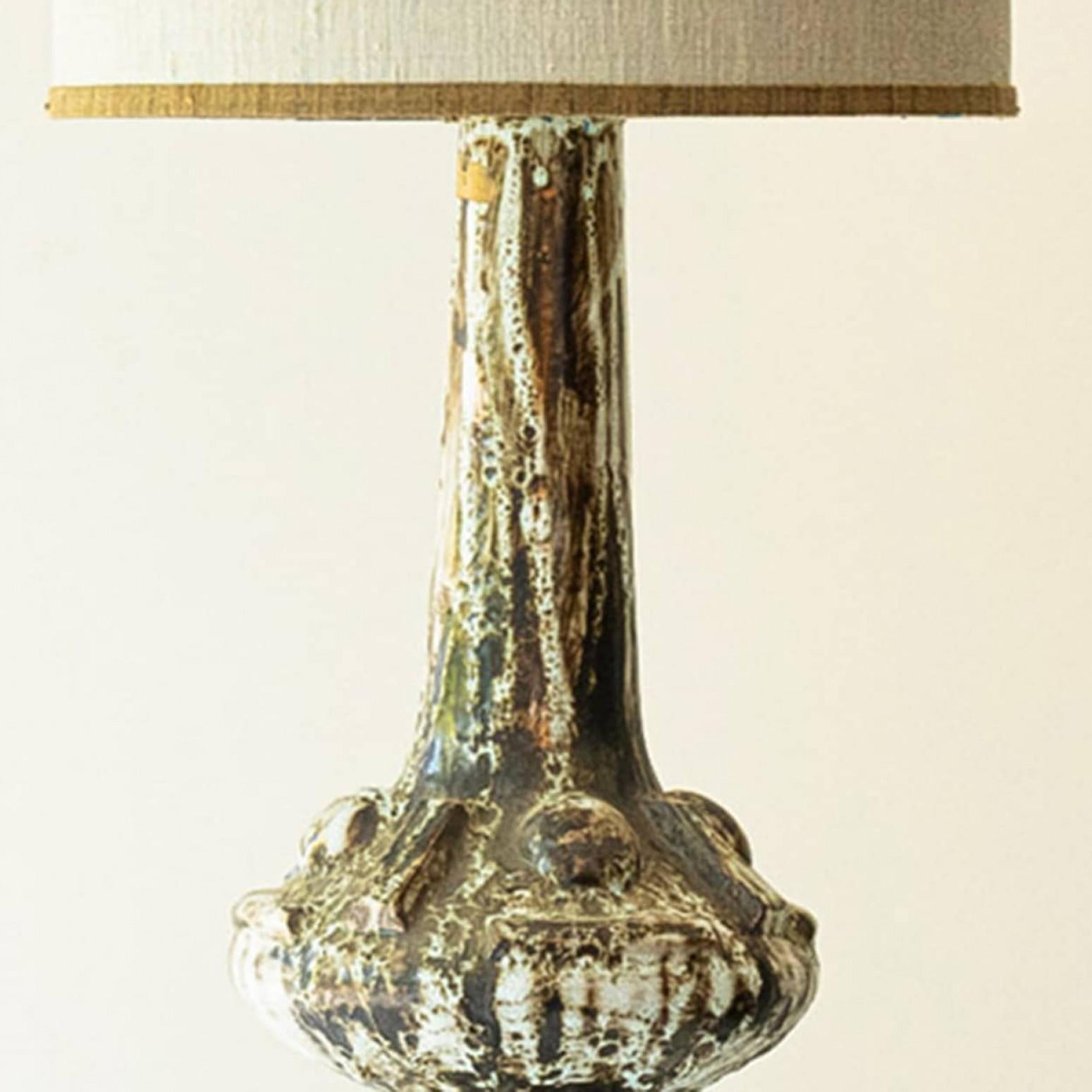 1 of the 2 XL Ceramic Floor Table Lamps, Custom Silk Lamp Shades by R. Houben In Good Condition For Sale In Rijssen, NL