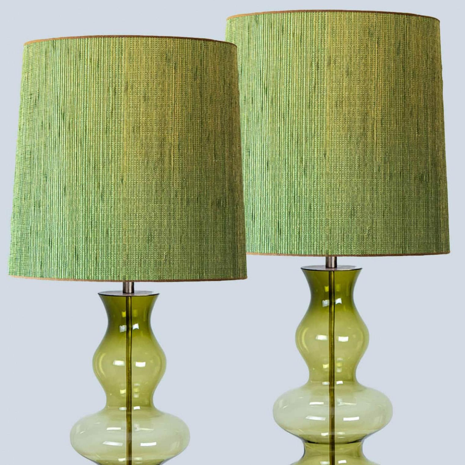 Dutch 1 of the 2 XL Glass Green Shaped Table Lamps with Rattan Lampshades R. Houben For Sale