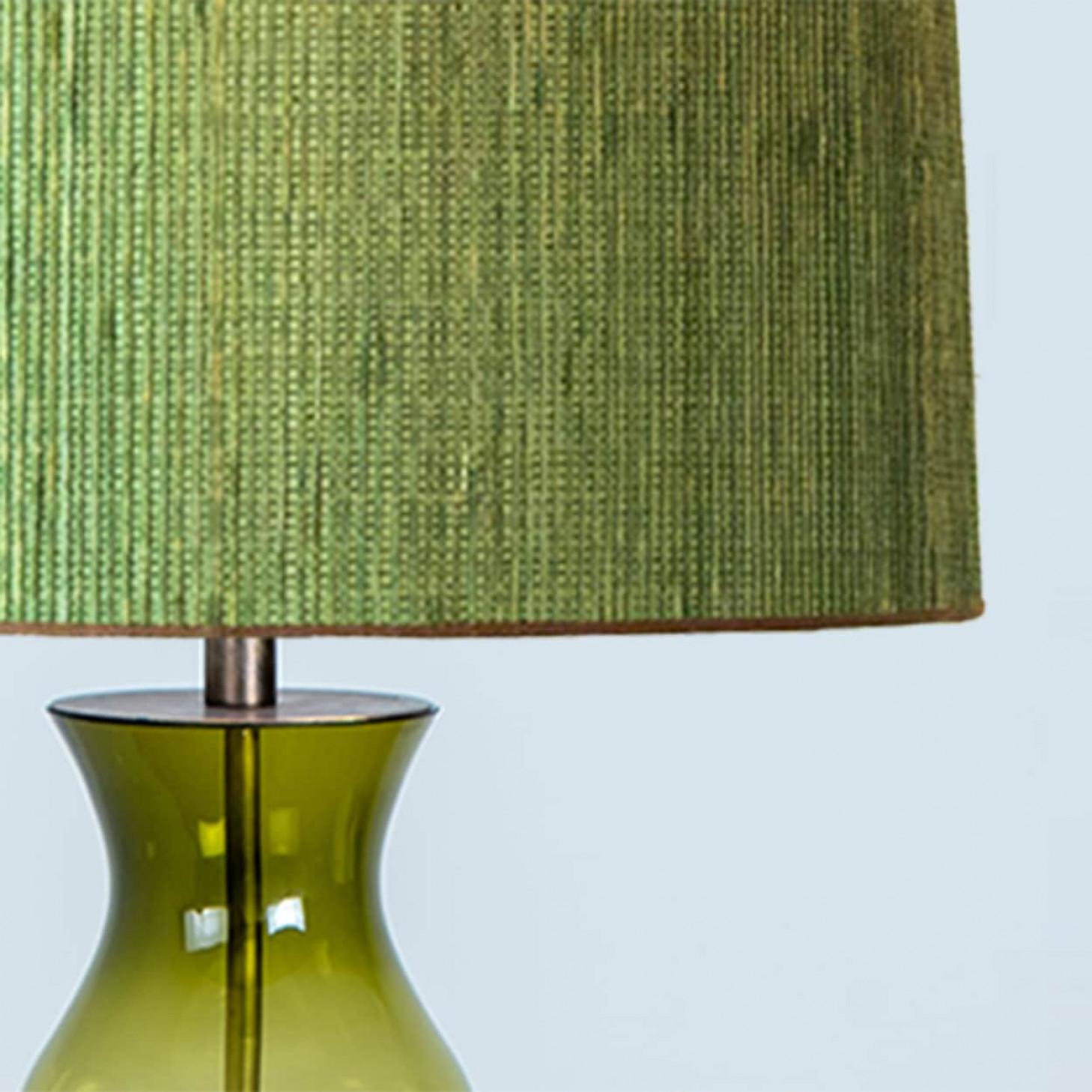 Contemporary 1 of the 2 XL Glass Green Shaped Table Lamps with Rattan Lampshades R. Houben For Sale