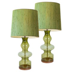1 of the 2 XL Glass Green Shaped Table Lamps with Rattan Lampshades R. Houben