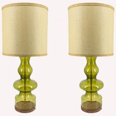 1 of the 2 XL Glass Green Shaped Table Lamps with Silk Lampshades R. Houben