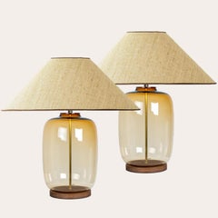 1 der 2 XL Ockerfarbenen Bubble Glas Tischlampen, Seiden Lampenschirm von R. Houben