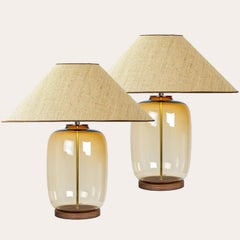 1 of the 2 XL Ochre Bubble Glass Table Lamps, Custom Silk Lampshade by R. Houben