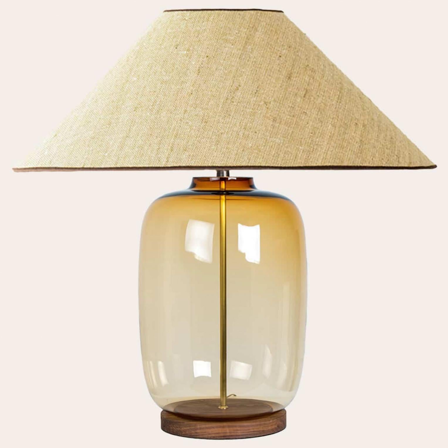 Danish 1 of the 2 XL Ochre Bubble Glass Table Lamps, Custom Silk Lampshade by R. Houben For Sale
