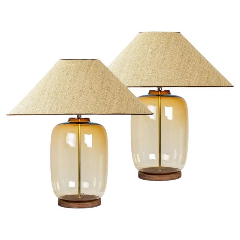 1 of the 2 XL Ochre Bubble Glass Table Lamps, Custom Silk Lampshade by R. Houben For Sale