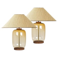 1 of the 2 XL Ochre Bubble Glass Table Lamps, Custom Silk Lampshade by R. Houben