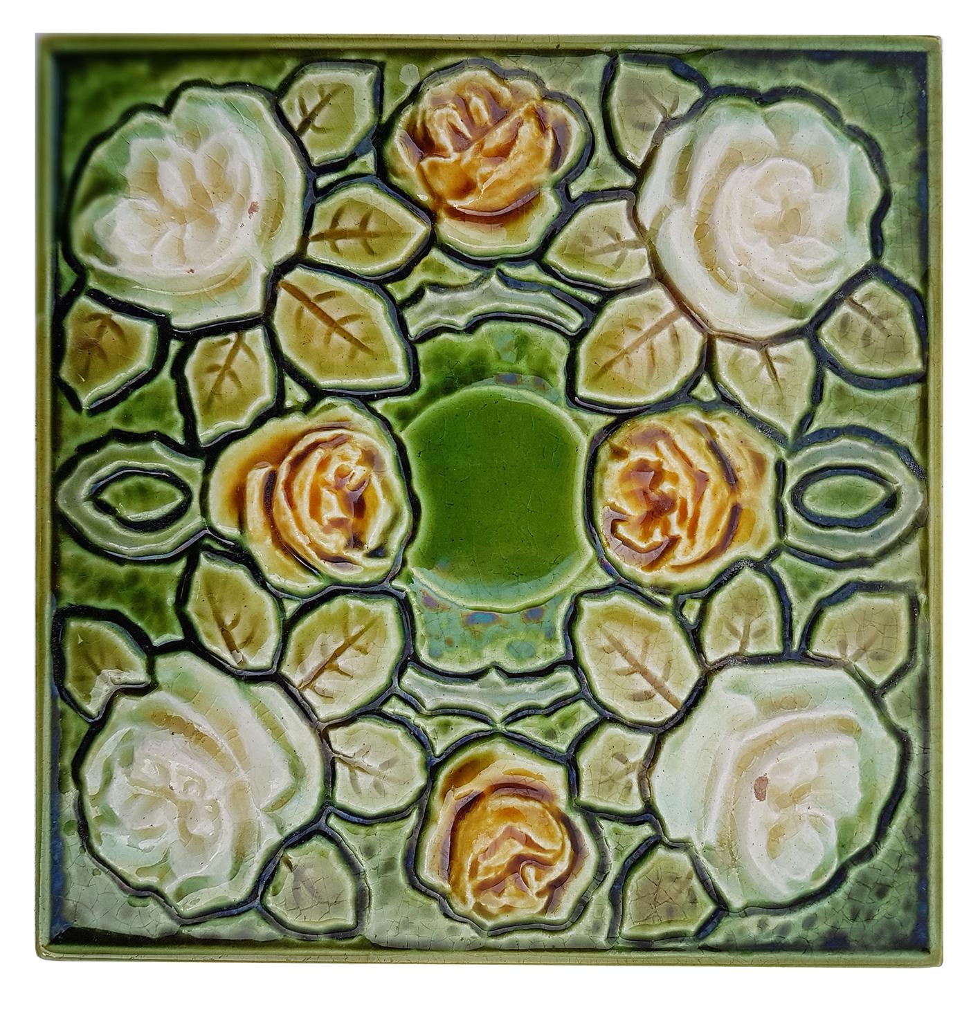 This is an amazing set of original Art Nouveau handmade tiles. A beautiful relief and color. With a stylish flower design. These tiles would be charming displayed on easels, framed or incorporated into a custom tile design. 

Please notice that