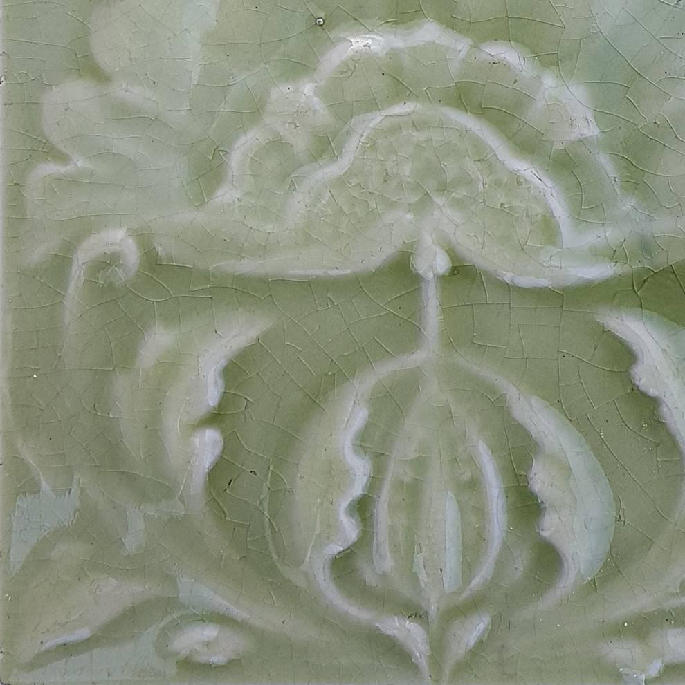 A stunning Art Nouveau/ Arts & Crafts tile panel from the superb firm, Craven Dunnill, & Co., Ltd, Jackfield Salop, England, circa 1905, in a bright celadon. This quantity original Jugendstil tiles by Craven is very rare to find. With beautiful