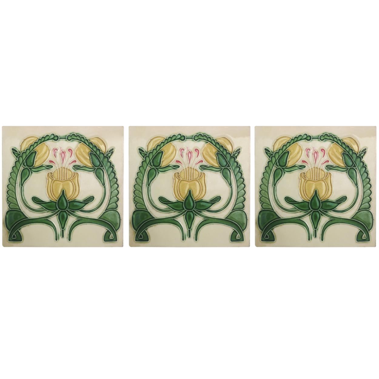 1 of the 20 amazing original antique Art Nouveau handmade tiles manufactured in 1920s by Maison Helman - Céramiques d'Art - St. Agatha-Berchem.

A beautiful relief and deep green, rose and vanilla yellow colors with creme back ground. These tiles