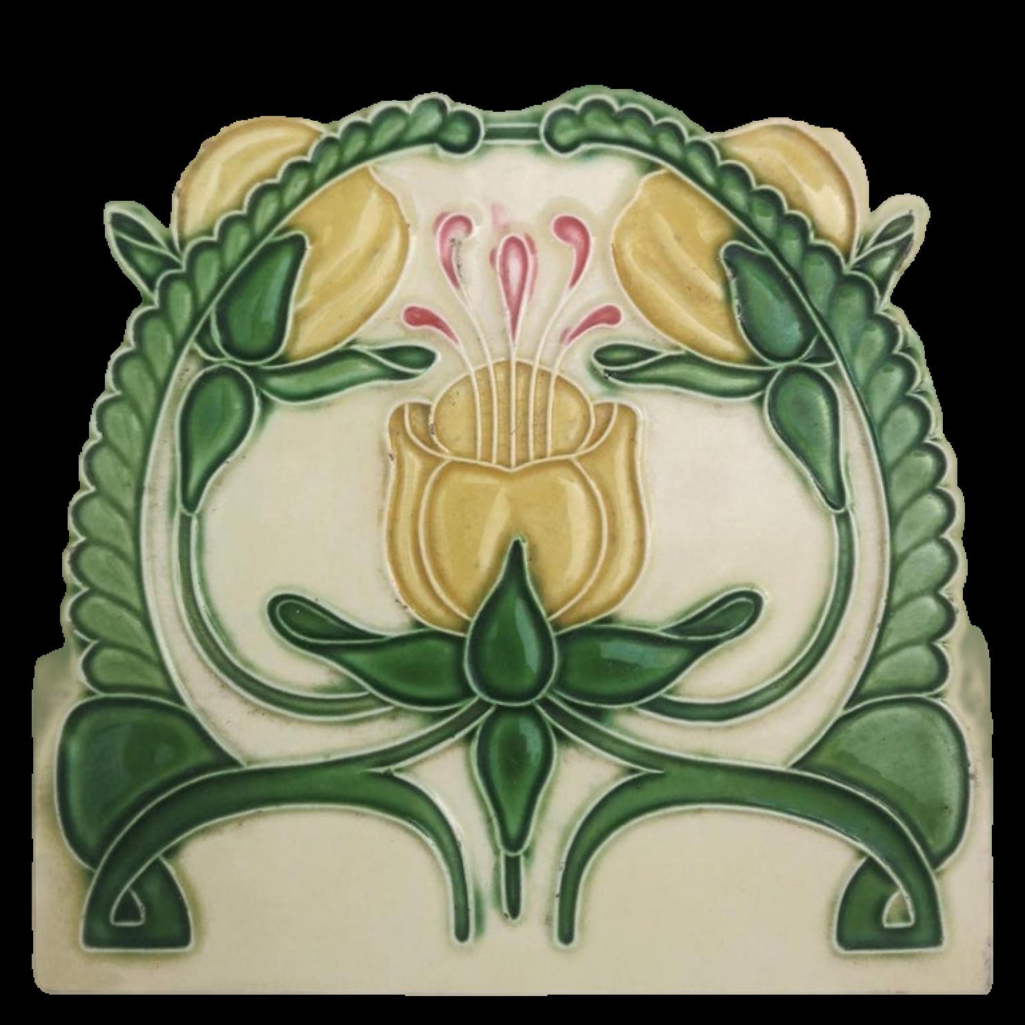 1 of the 20 amazing original antique Art Nouveau handmade tiles manufactured in 1920s by Maison Helman - Céramiques d'Art - St. Agatha-Berchem.

A beautiful relief and deep green, rose and vanilla yellow colors with creme back ground. These tiles