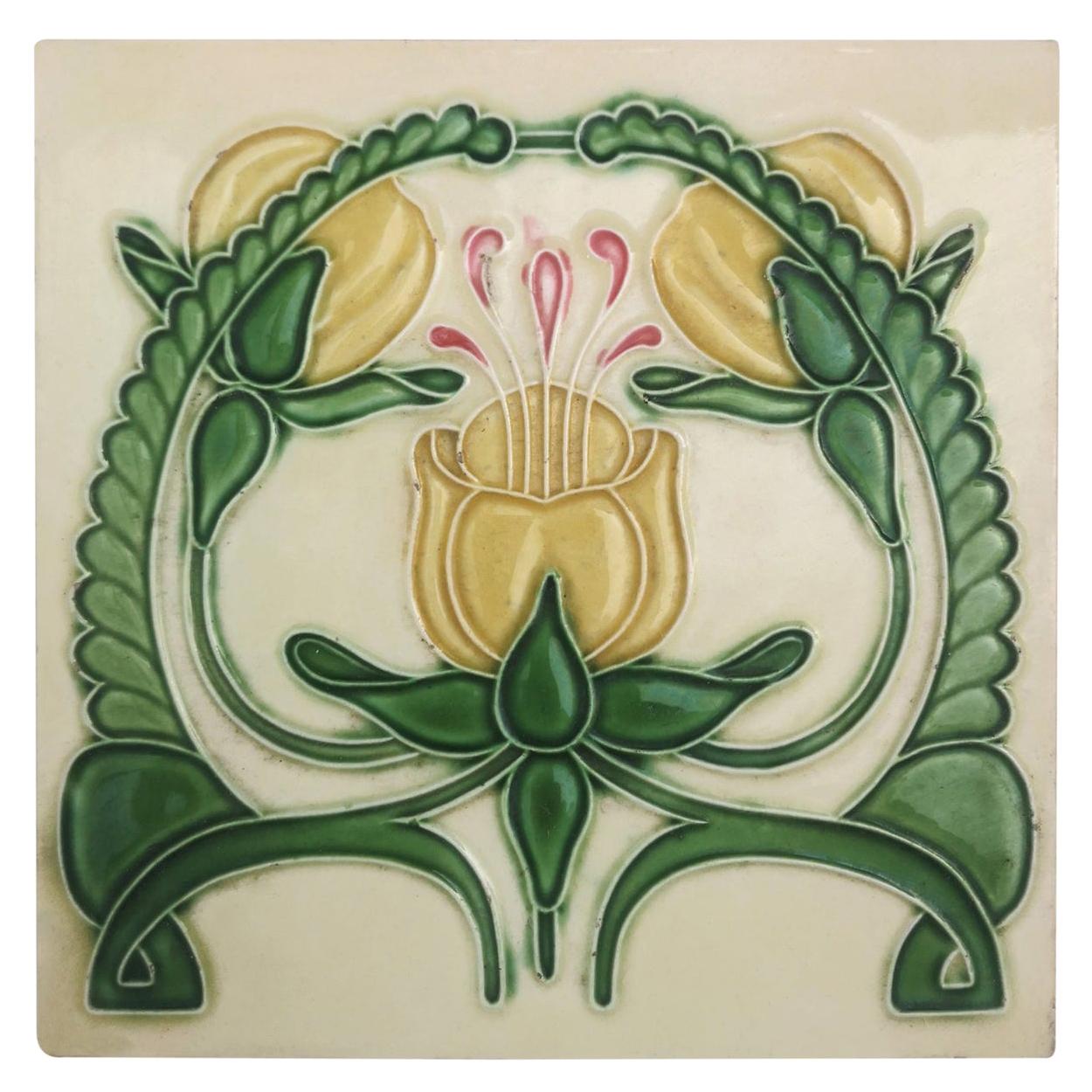 1 of the 50 Antique Glazed Art Nouveau Tiles, circa 1920 For Sale at