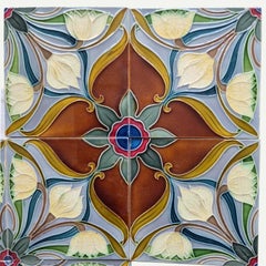 1 of the 20 Sets of 4 tiles Blue Brown Flower Glazed Tiles, Gilliot Hemiksem