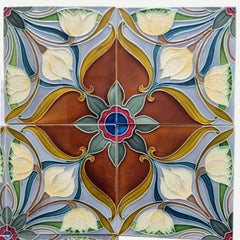 1 of the 20 Sets of 4 tiles Blue Brown Flower Glazed Tiles, Gilliot Hemiksem