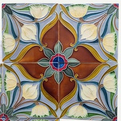 1 of the 20 Sets of 4 tiles Blue Brown Flower Glazed Tiles, Gilliot Hemiksem