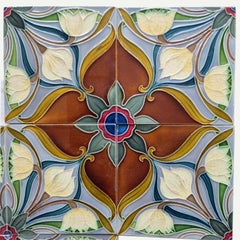 1 of the 20 Sets of 4 tiles Blue Brown Flower Glazed Tiles, Gilliot Hemiksem