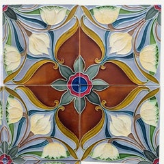 1 of the 20 Sets of 4 tiles Blue Brown Flower Glazed Tiles, Gilliot Hemiksem