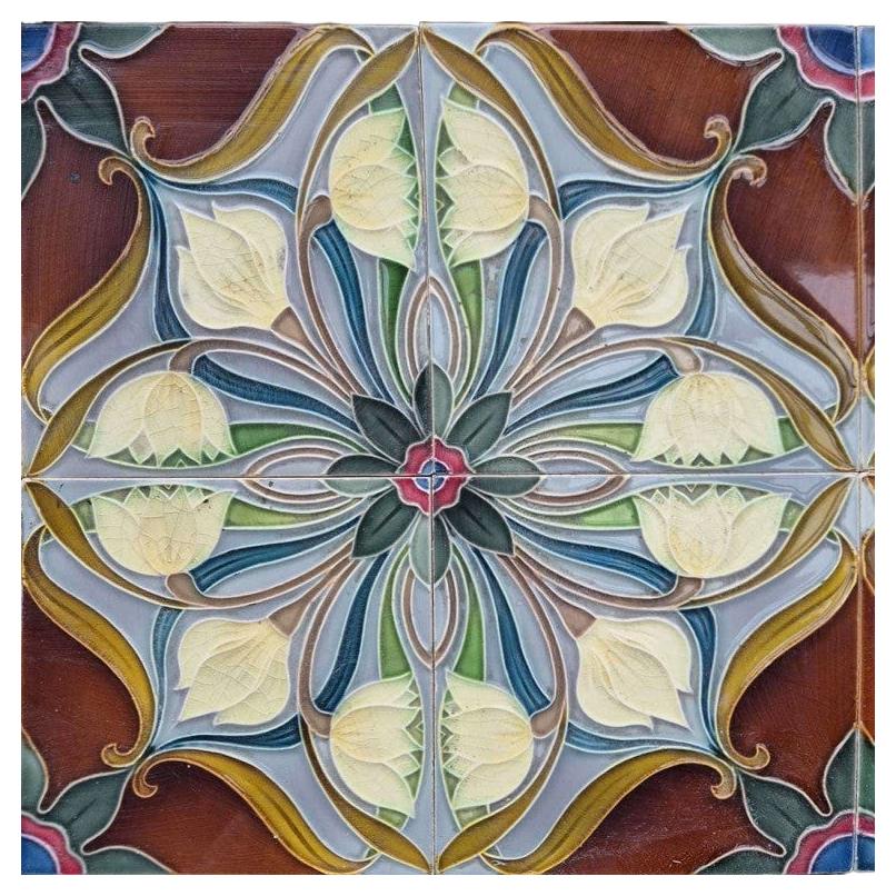 1 of the 20 Sets of 4 tiles Blue Brown Flower Glazed Tiles, Gilliot Hemiksem
