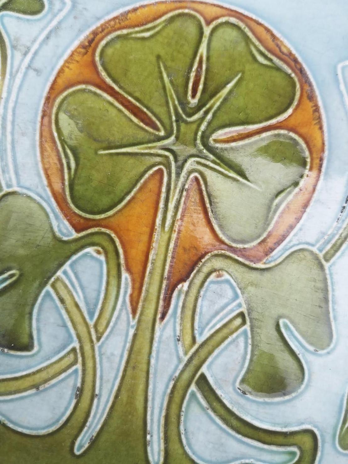 This is an amazing set of antique Art Nouveau handmade tiles 1920s.
A beautiful relief and deep green, and brown color and light blue and white back ground. These tiles would be charming displayed on easels, framed or incorporated into a custom tile
