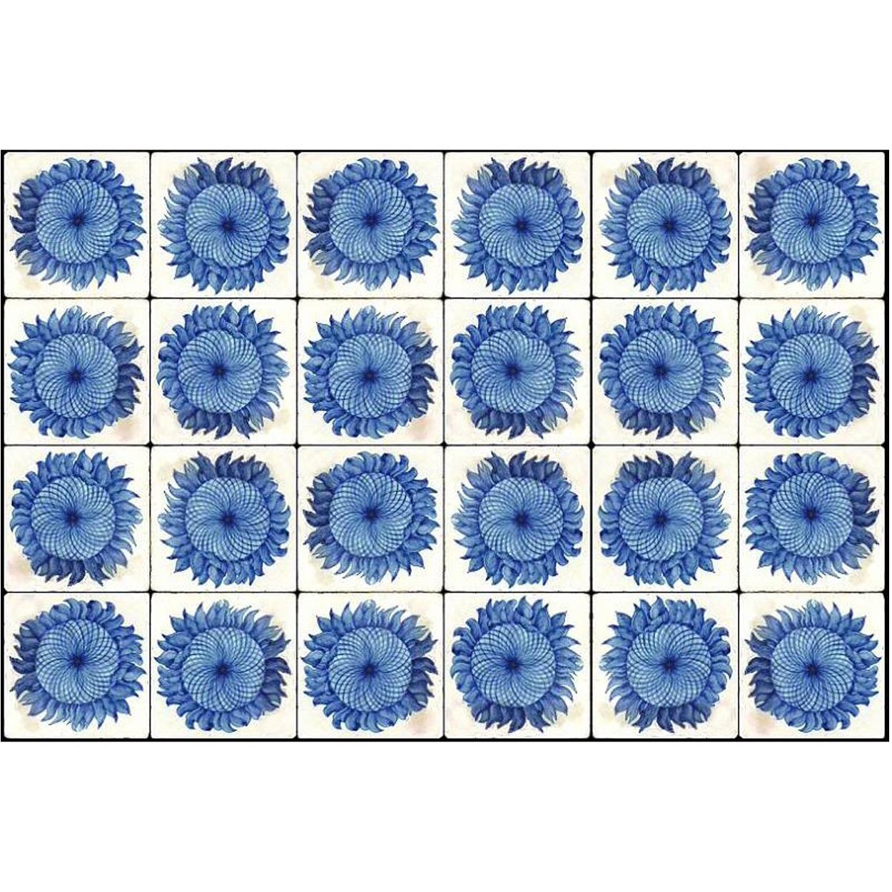 1 of the 24 blue and white sunflower tiles. The floral tiles are handmade and hand painted in Europe, Italy.
These tiles are particularly beautiful, the biscuit is handmade and the Majolica is done by hand immersion. The result is splendid.

The
