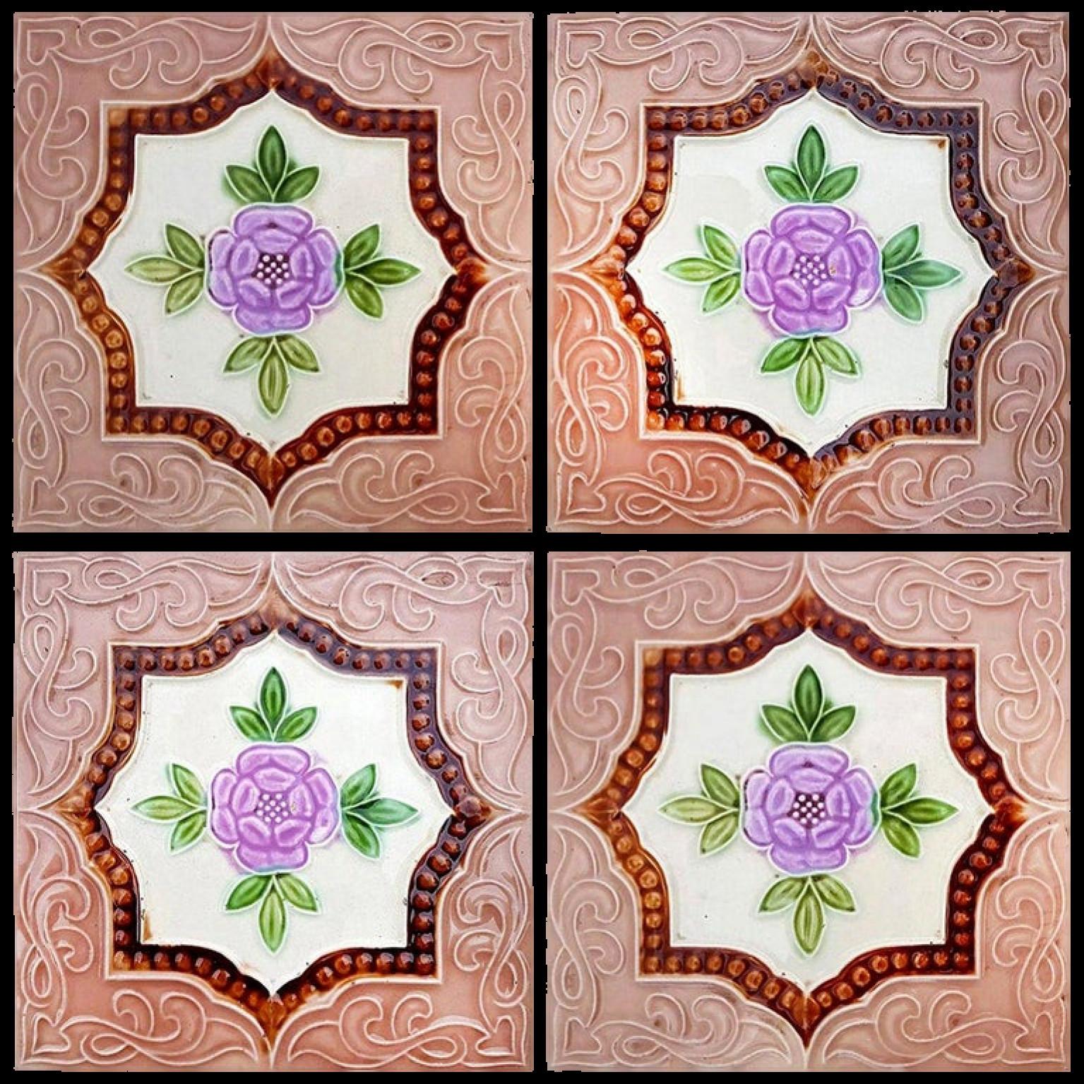 This is an amazing set of antique Art Deco handmade tiles. A beautiful relief and color. These tiles would be charming displayed on easels, framed or incorporated into a custom tile design.

Please note that the price is for one piece. We sell them