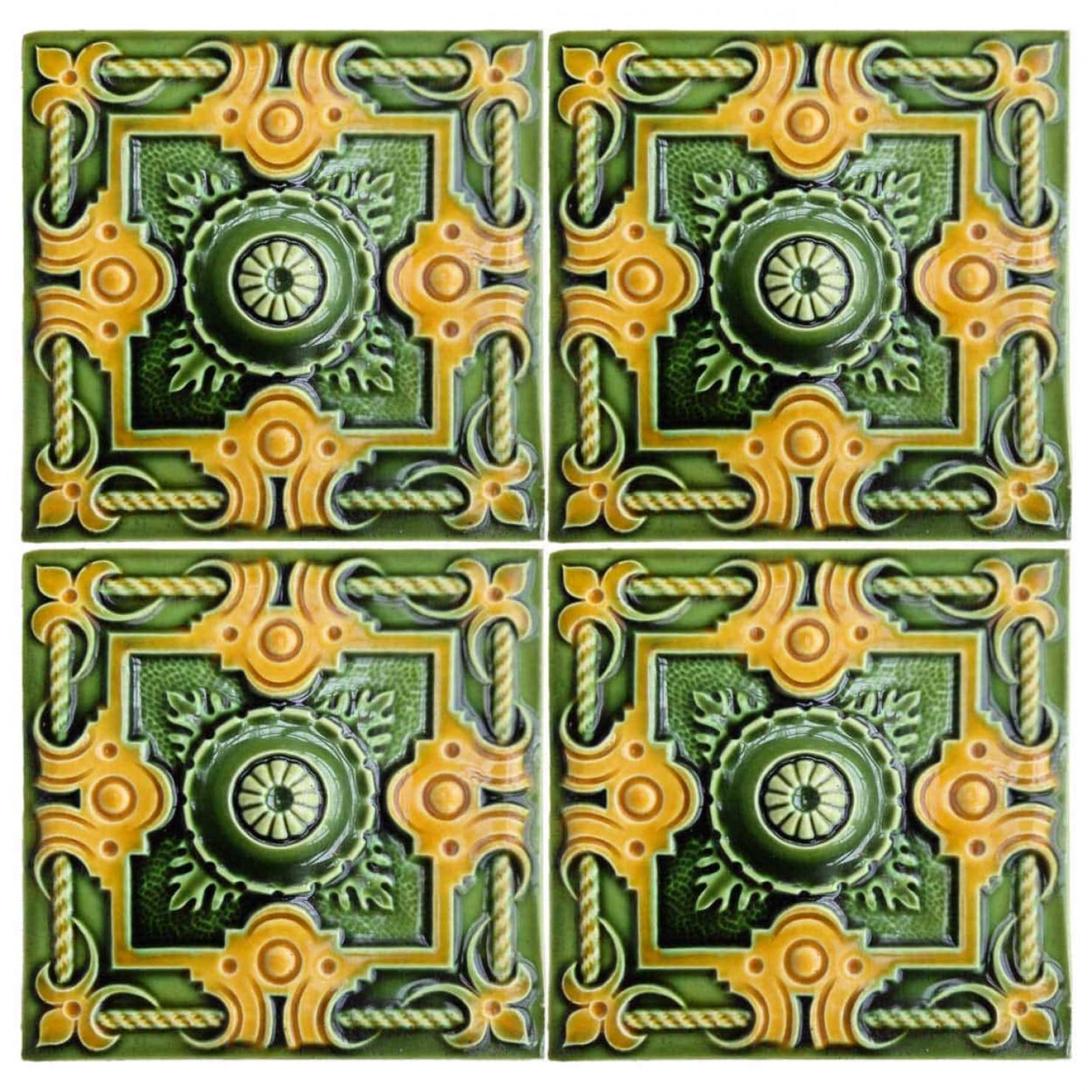 1 of the 275 handmade antique tiles in rich yellow and green glazed colors. Manufactured around 1920 by Gilliot Hemiksem, Belgium. These tiles would be charming displayed on easels, framed or incorporated into a custom tile design.

Please notice