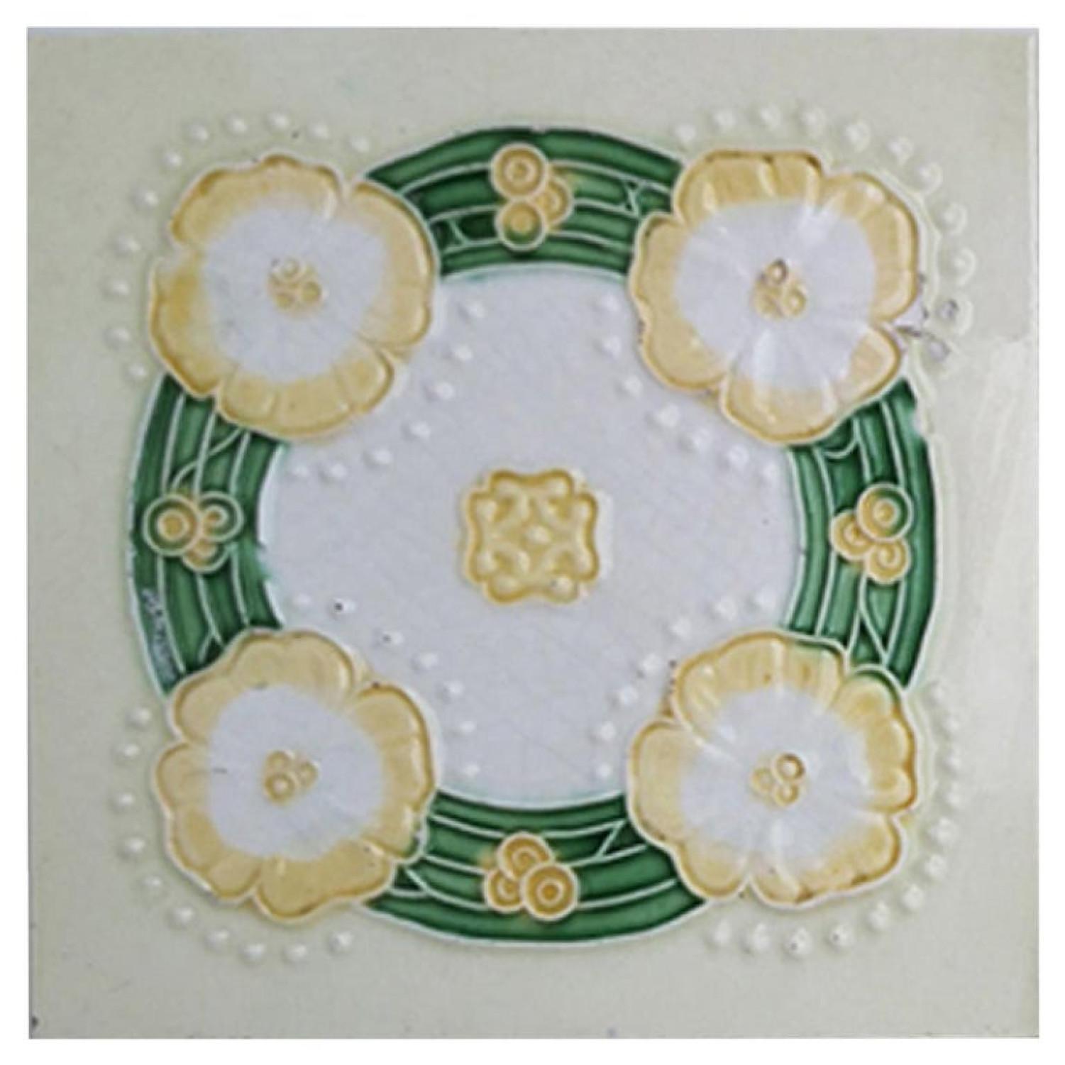 1 of the 28 unique and antique set of Art Nouveau handmade glazed relief tiles. Manufactured by NV Cermamiek produkten De Dijle (Belga), around 1930. A beautiful relief and color. and a wonderful design. These tiles would be charming displayed on