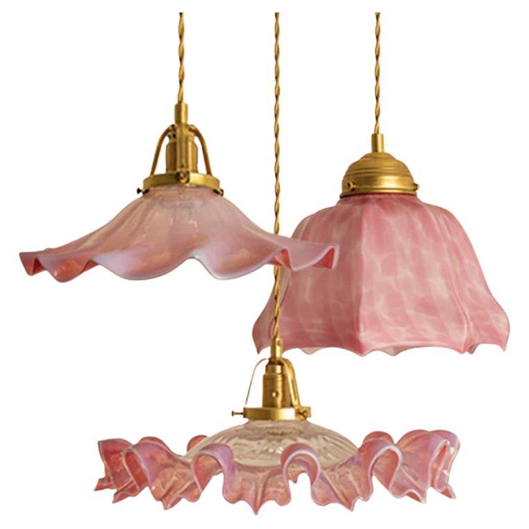 1 of the 3 Art Deco Ruffled Murano Hand Blown Glass Pendants Pink White, 1940