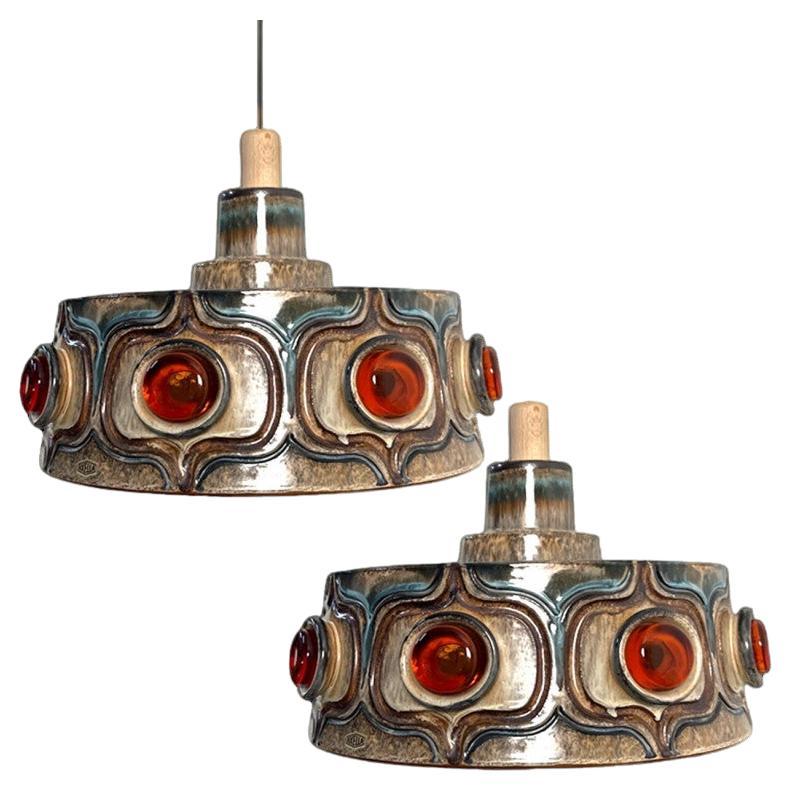 1 of the 3 Axella Ceramic Brown and Blue Ceramic Pendant Light, Denmark, 1970s