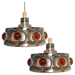 1 of the 3 Axella Ceramic Brown and Blue Ceramic Pendant Light, Denmark, 1970s