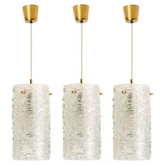 1 of the 3 Brass and Crystal Glass Pendants, Carl Fagerlund for Orrefors, Sweden