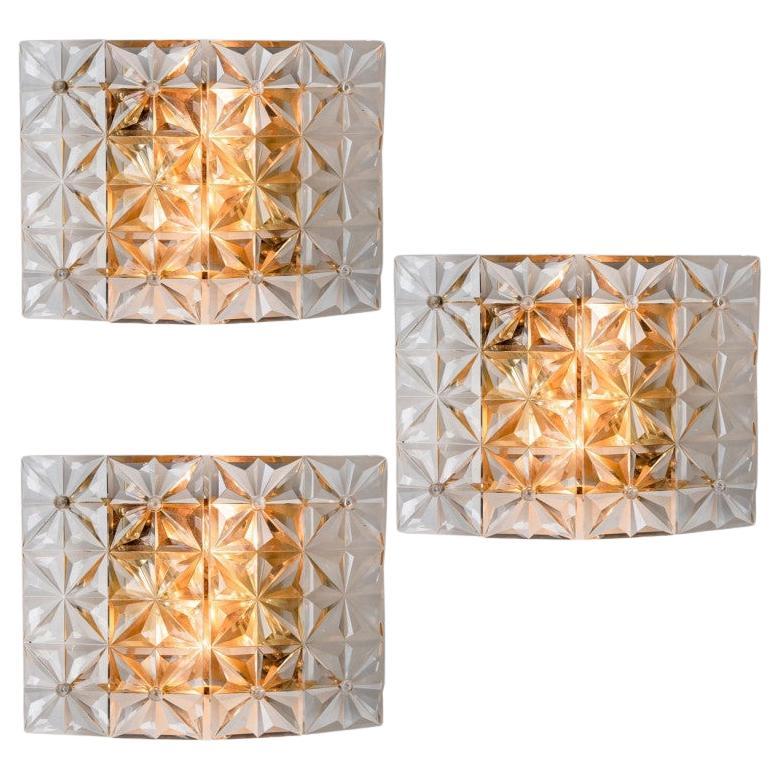 1 of the 3 Brass and Crystal Glass Wall Lights by Kinkeldey, 1970s For Sale