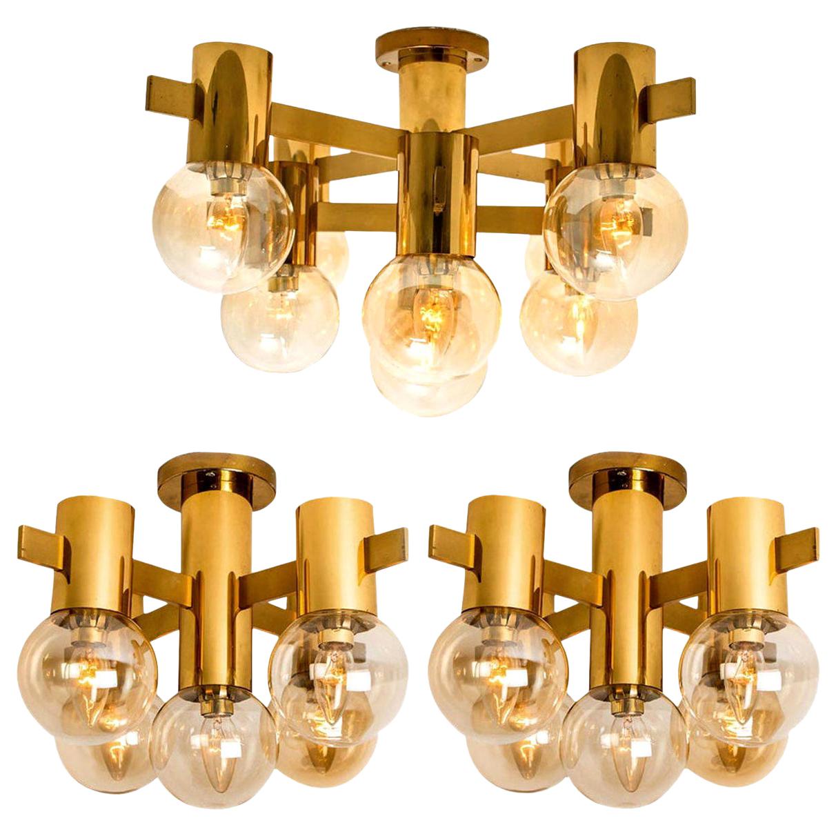 1 of the 3 Brass and Glass Light Fixtures in the Style of Jakobsson, 1960s For Sale 5