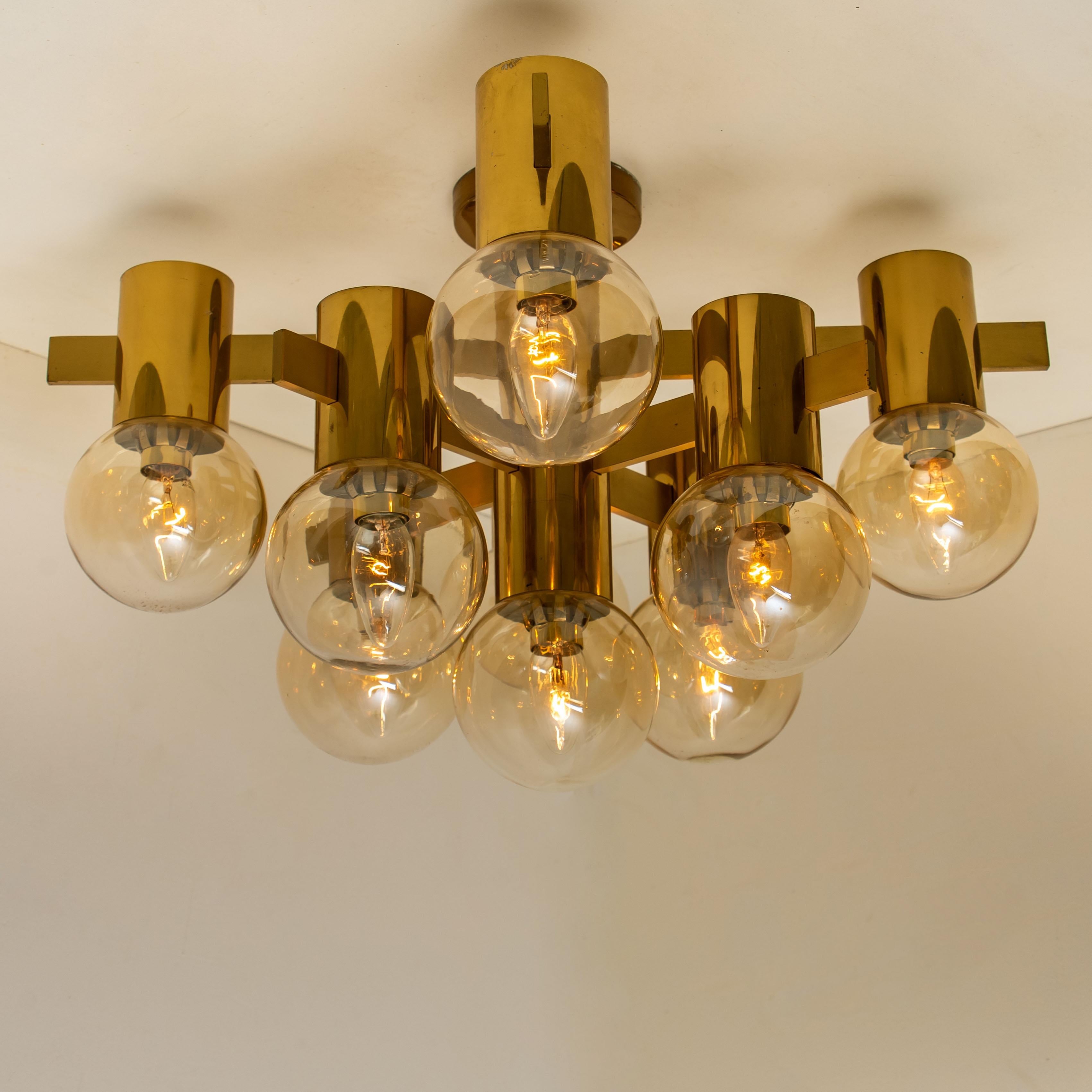 Mid-Century Modern 1 of the 3 Brass and Glass Light Fixtures in the Style of Jakobsson, 1960s For Sale