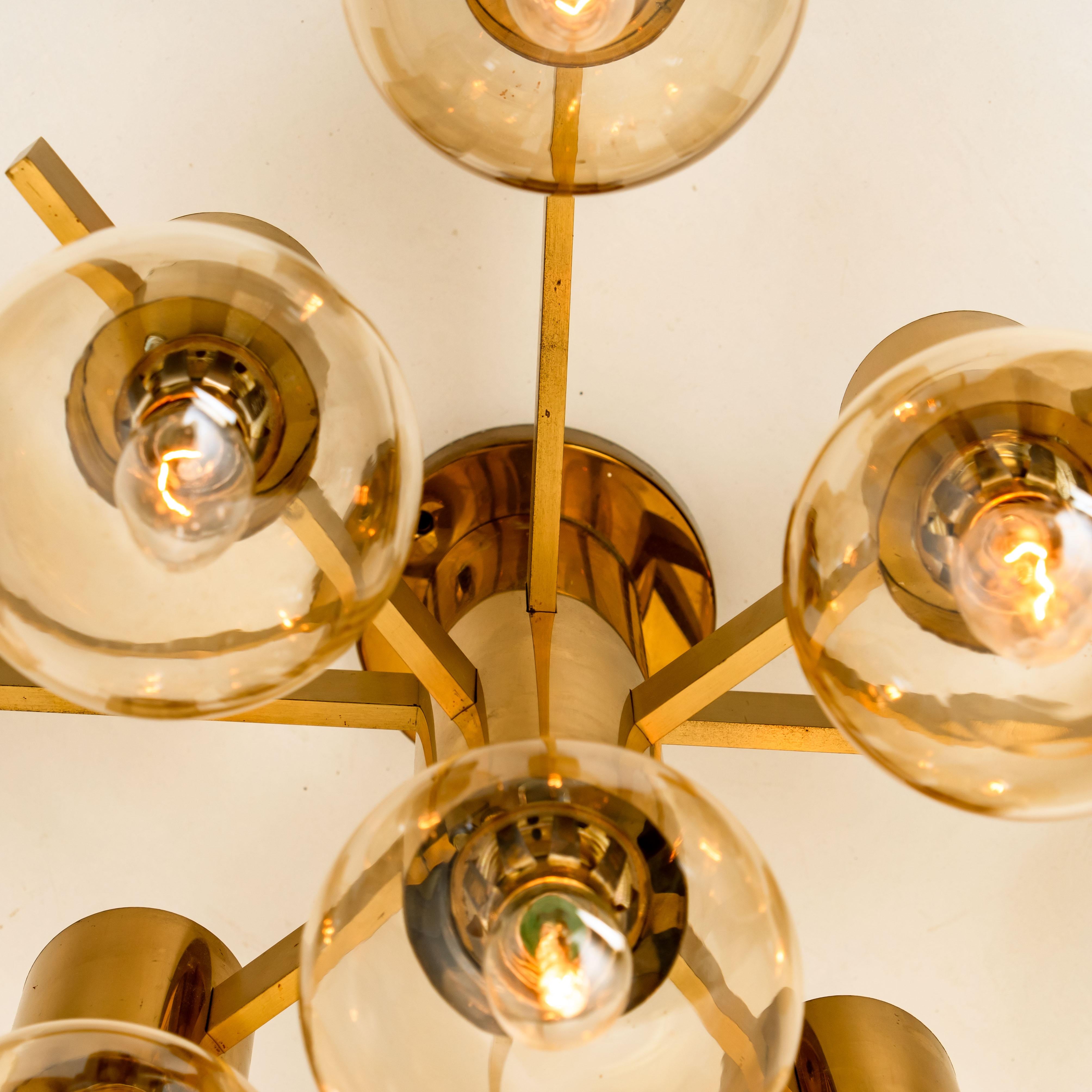 German 1 of the 3 Brass and Glass Light Fixtures in the Style of Jakobsson, 1960s For Sale