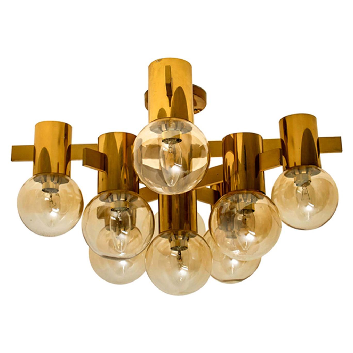 1 of the 3 Brass and Glass Light Fixtures in the Style of Jakobsson, 1960s For Sale