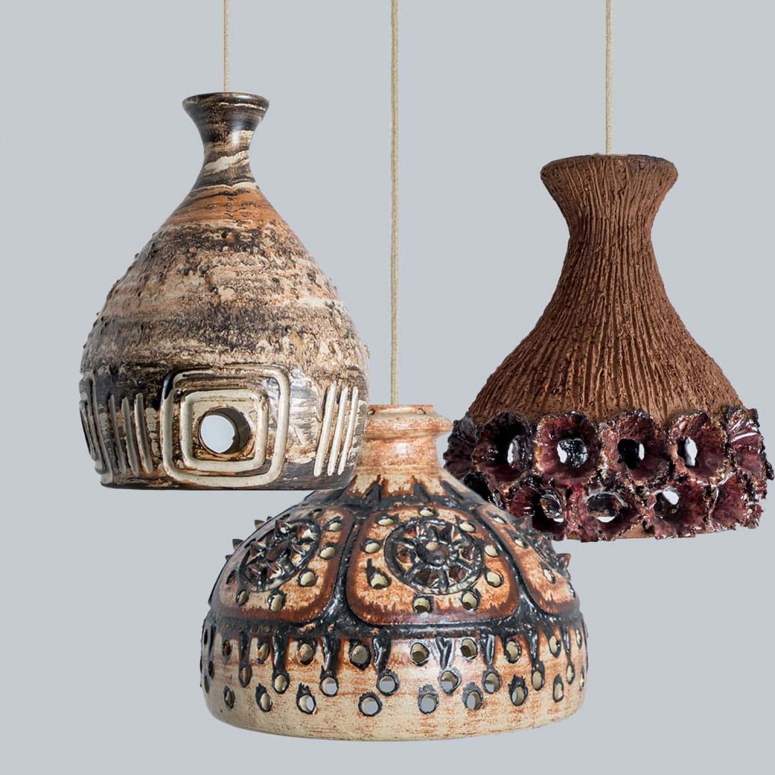 1 de los 3 Colgantes de Cerámica Terracota Marrón Beige, Dinamarca Años 60 en venta 2