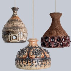 1 of the 3 Ceramic Brown Beige Terracotta Pendants, Denmark 1960s