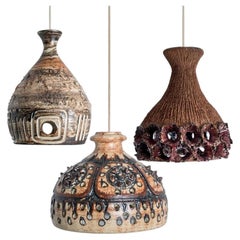 1 of the 3 Ceramic Brown Beige Terracotta Pendants, Denmark 1960s