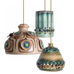 1 of the 3 Ceramic Brown Blue Pendants, Denmark 1960s