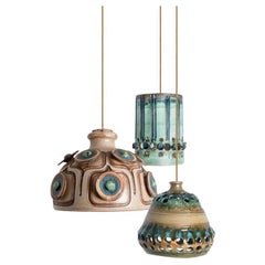 1 of the 3 Ceramic Brown Blue Pendants, Denmark 1960s