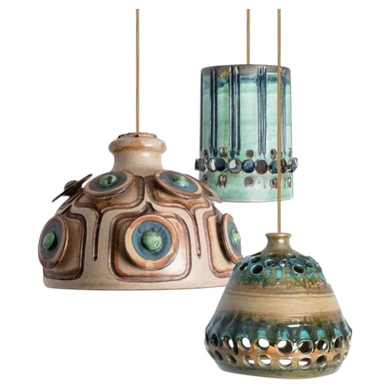 1 of the 3 Ceramic Brown Blue Pendants, Denmark 1960s
