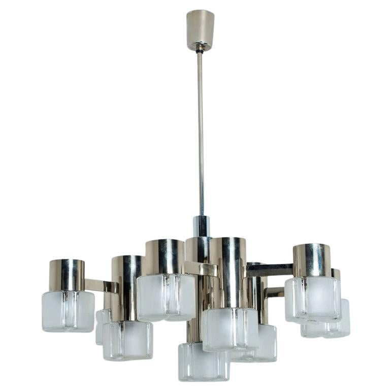1 dei 3 lampadari in cromo e vetro di Murano di Sciolari, 1970