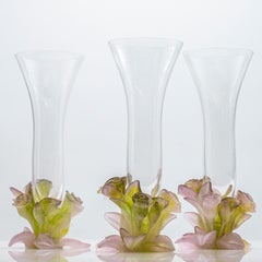 1 of the 3 Daum Art Glass Soliflore Vases, Roses Pink Green, France