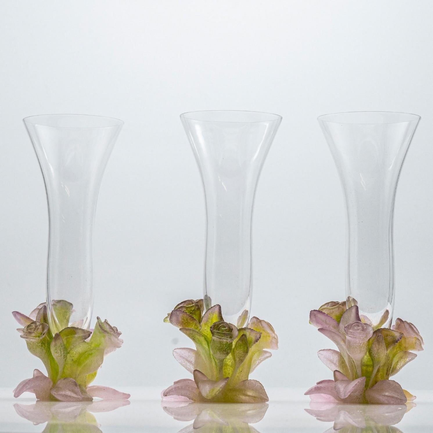 Francese 1 of the 3 Daum Art Glass Soliflore Vases, Roses Pink Green, France in vendita