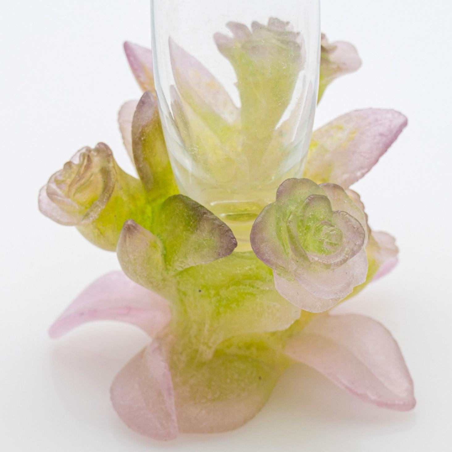 Altro 1 of the 3 Daum Art Glass Soliflore Vases, Roses Pink Green, France in vendita
