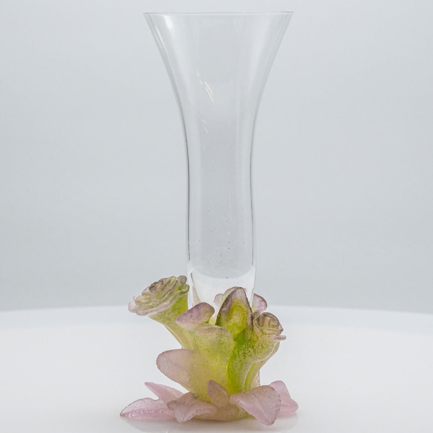 Vetro artistico 1 of the 3 Daum Art Glass Soliflore Vases, Roses Pink Green, France in vendita