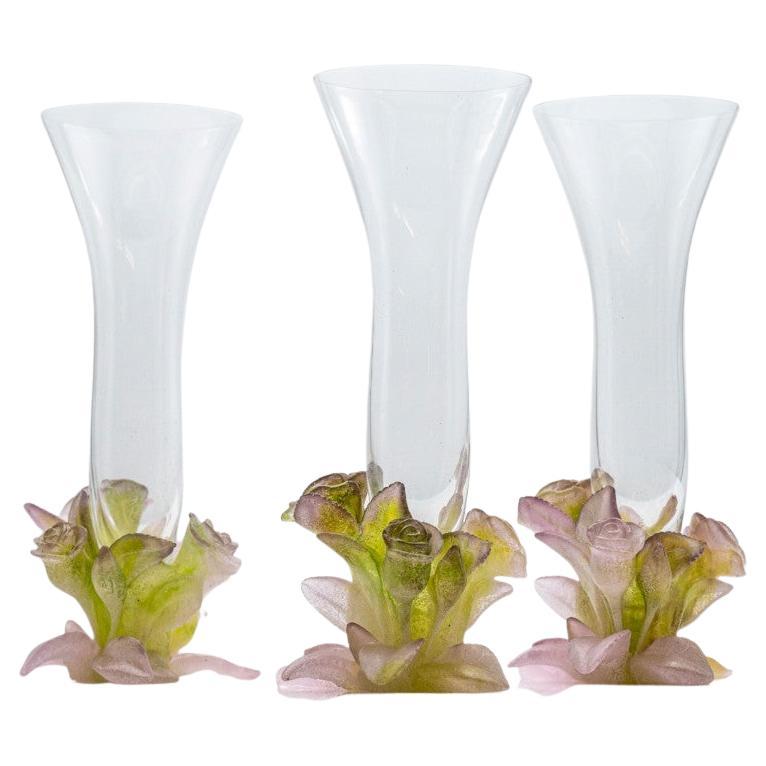 1 de los 3 Jarrones Daum Art Glass Soliflore, Rosas Rosa Verde, Francia en venta