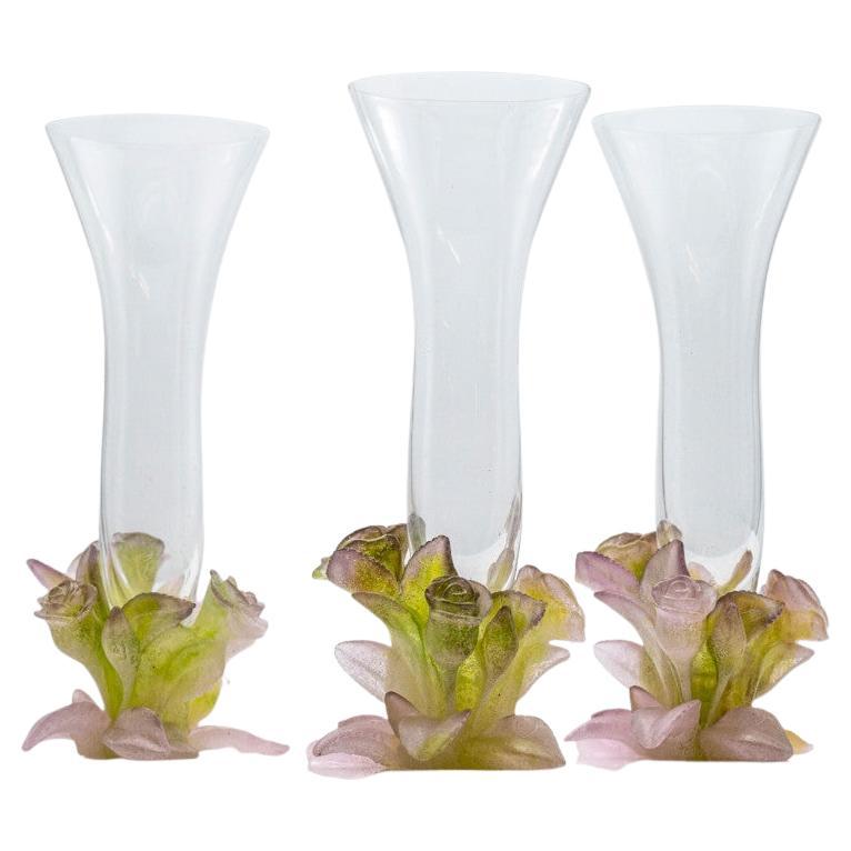 1 of the 3 Daum Art Glass Soliflore Vases, Roses Pink Green, France
