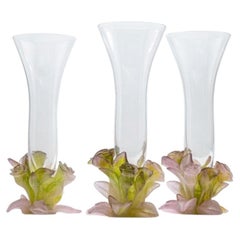 1 of the 3 Daum Art Glass Soliflore Vases, Roses Pink Green, France
