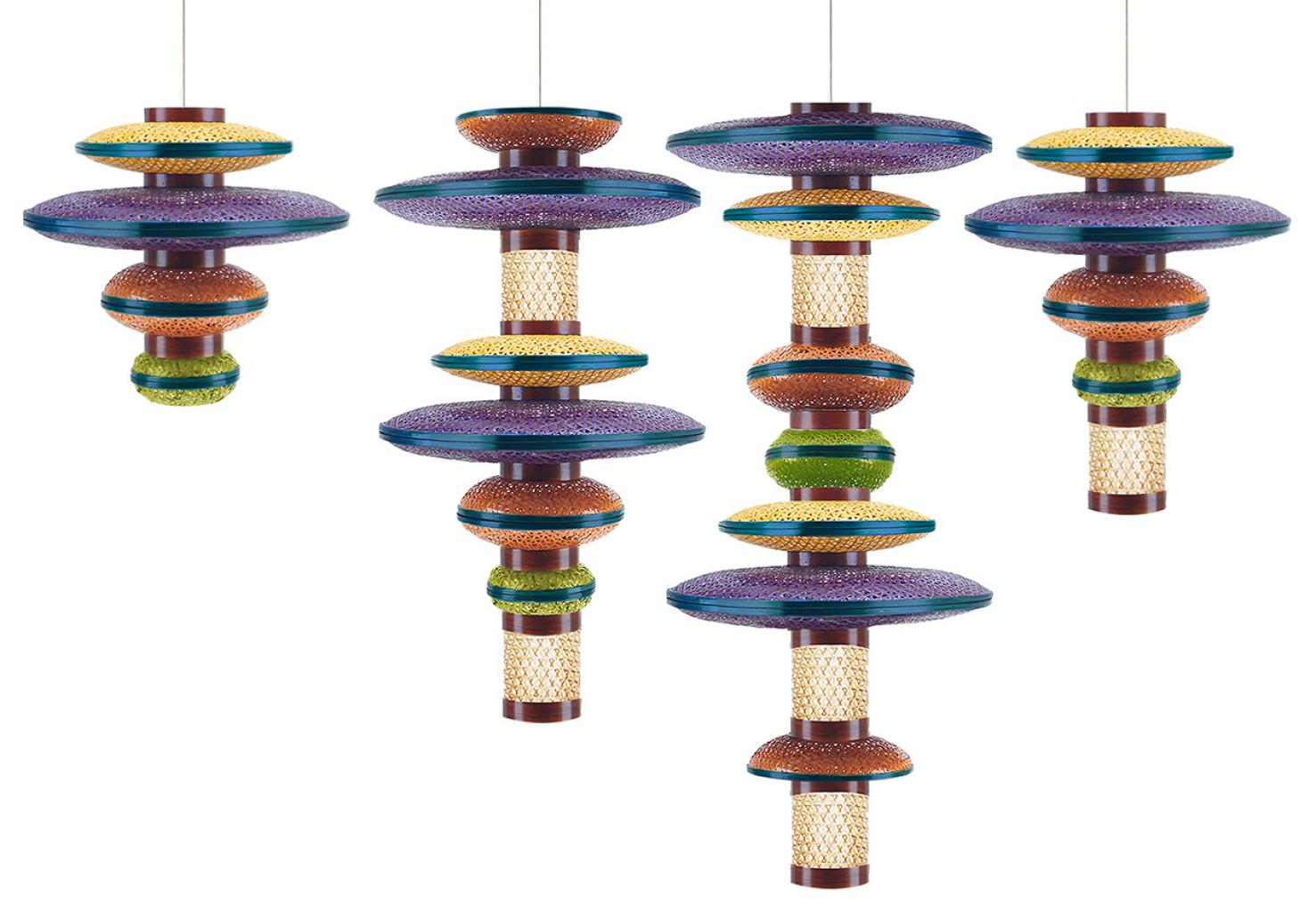 Contemporary 1 of the 3 Eco Friendly Green, Orange, Purple Bamboo Art Deco Style Chandeliers For Sale